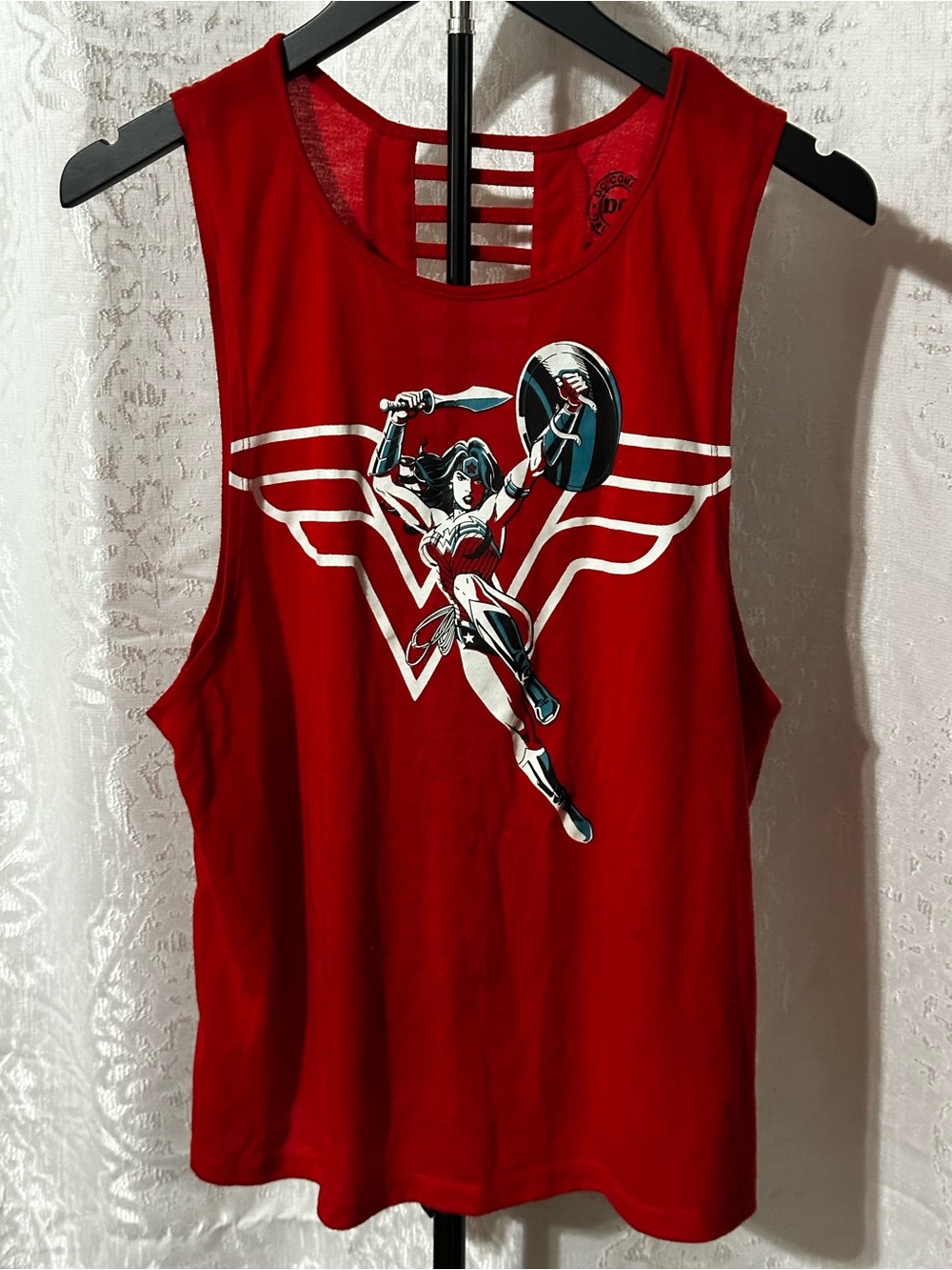 Wonder Woman Red Graphic Tank Top, Lattice Back, Large